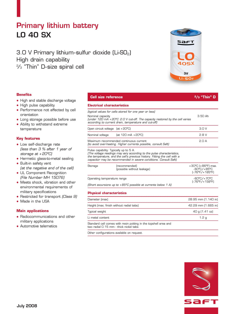 Saft LO40SX Spec Sheet Page 1 | Datasheet | TtekAI