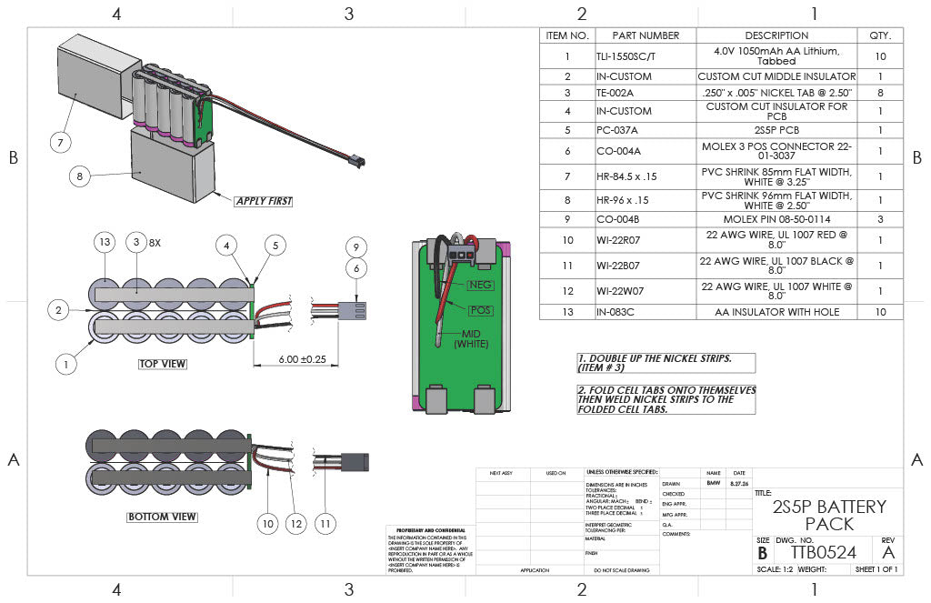 Technical drawing of 2S5P Lithium Ion Custom battery pack.