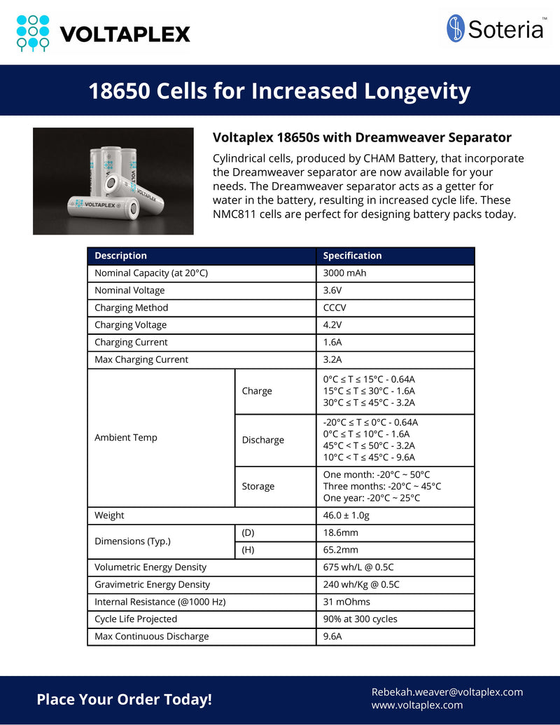 Voltaplex Life™ 18650 Lithium Ion Battery, 3000mAh, 3.6V Datasheet