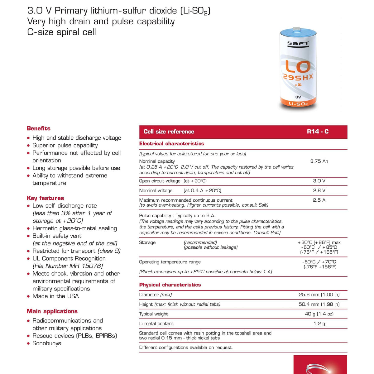 Buy Saft LO29SHX | Distributor | Custom-Made Batteries | TtekAI