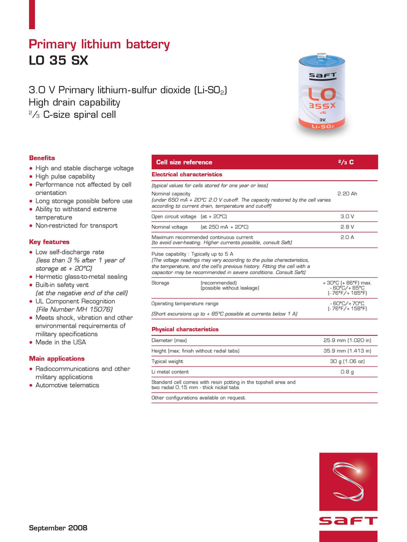 Saft LO35SX Spec Sheet Page 1 | Datasheet | TtekAI