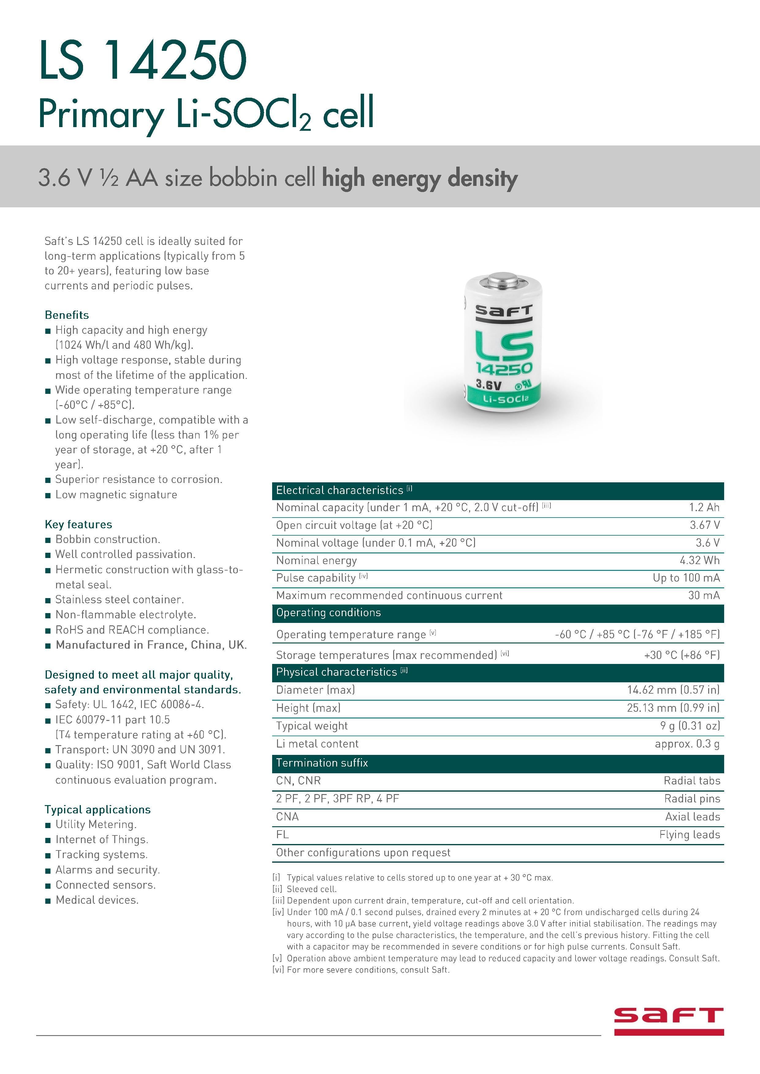 Saft 3.6 Volt Lithium Battery LS14250