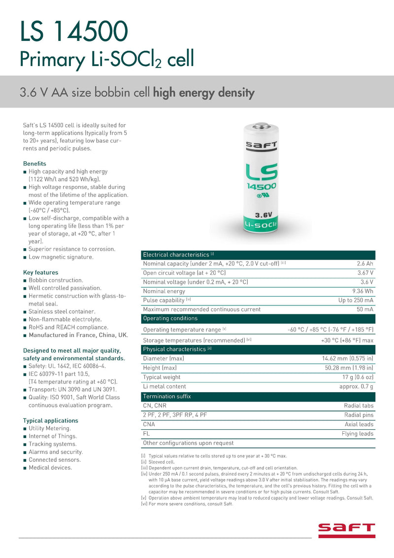 Saft LS14500 Lithium Battery AA 2.6 Ah 3.6 V Li-SOCl2 Cylindrical Cell