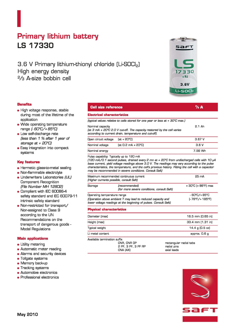 Saft LS17330 Spec Sheet Page 1 | Datasheet | TtekAI