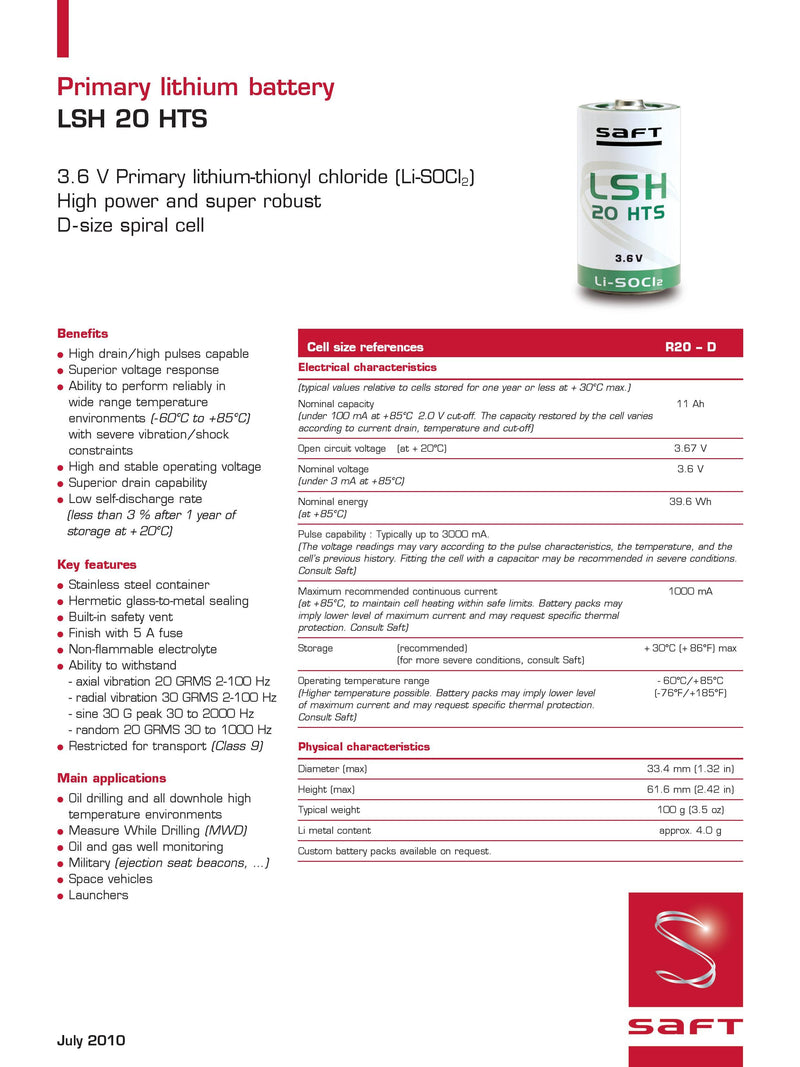 Saft LSH20-HTS Spec Sheet Page 1 | Datasheet | TtekAI