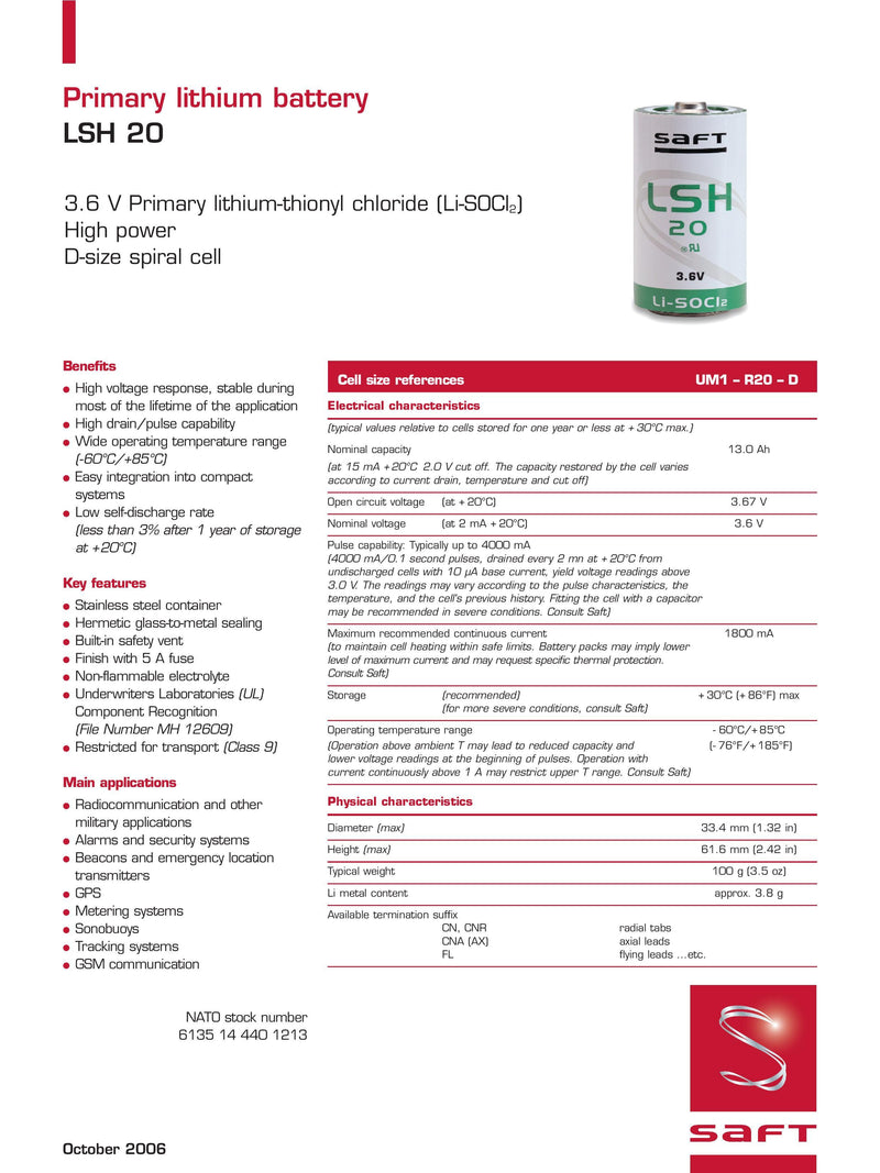 SAFT LS14500 AA STD 3.6V Lithium Thionyl Chloride Battery