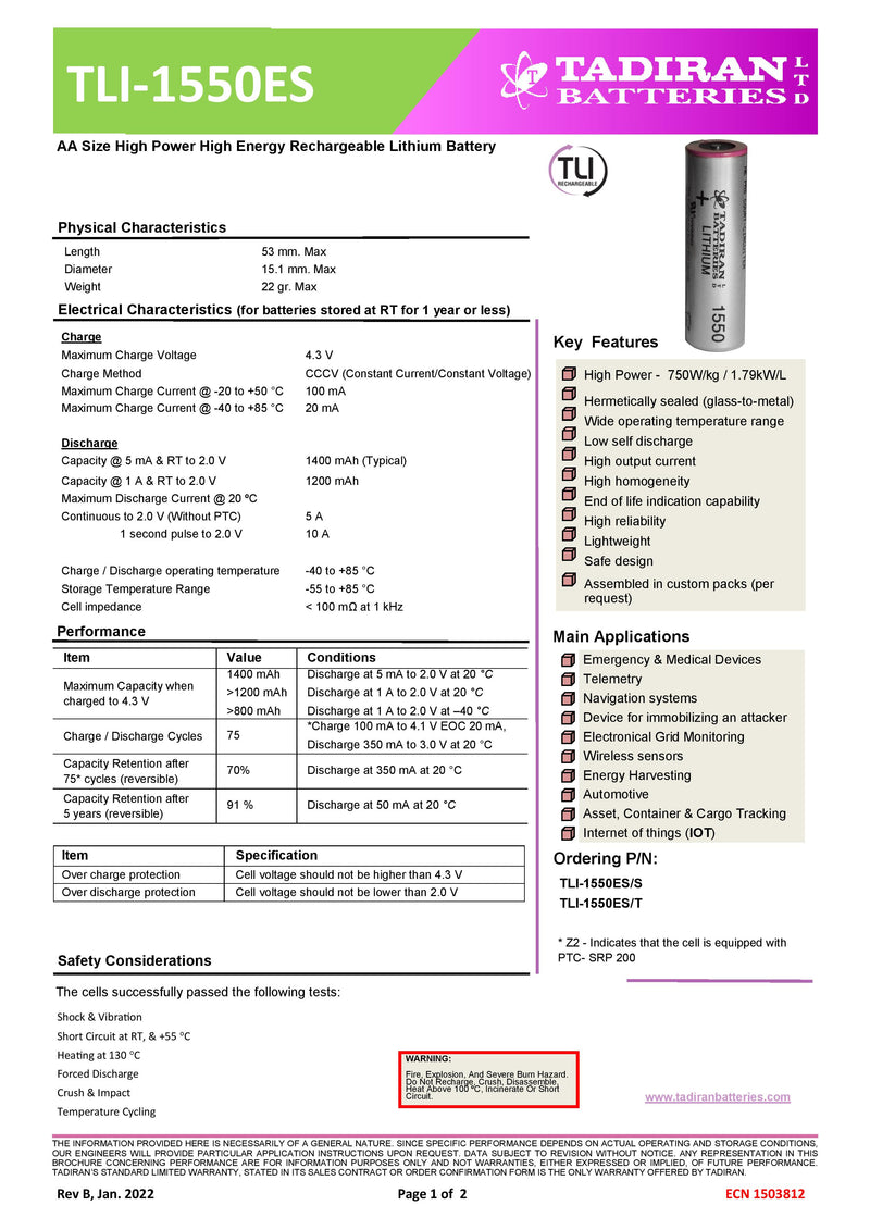 Tadiran TLI-1550ES (Extra High Capacity) Lithium Ion Battery AA 1400 mAh 4.0 V Cylindrical Cell