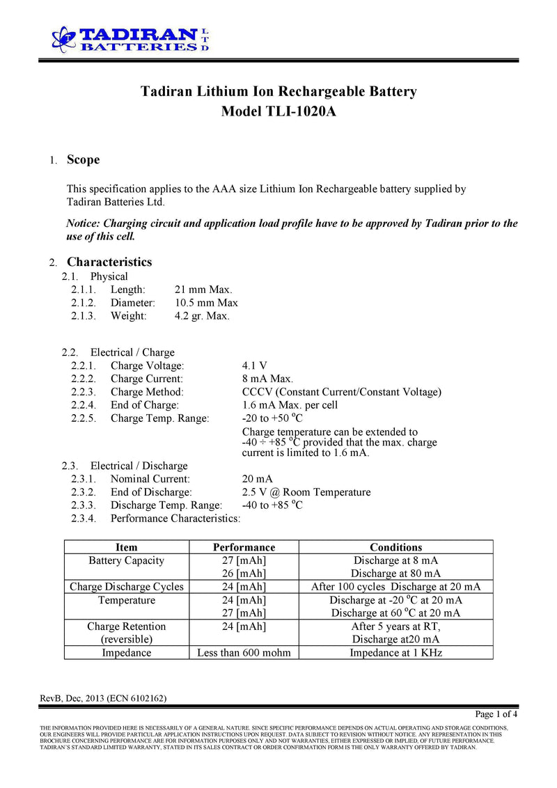 Tadiran TLI-1020A Spec Sheet Page 1 | Datasheet | TtekAI