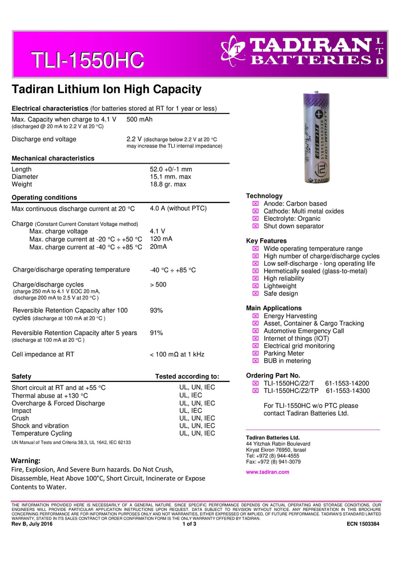 Tadiran TLI-1550HC Spec Sheet Page 1 | Datasheet | TtekAI