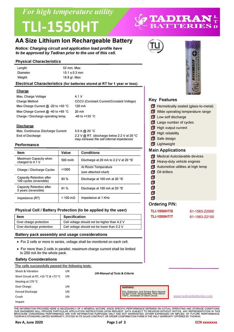 Tadiran TLI-1550HT Spec Sheet Page 1 | Datasheet | TtekAI