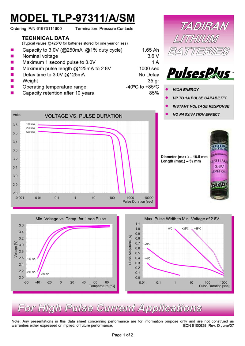 Tadiran TLP-97311/A/SM   Pulses Plus Lithium Battery 1.65 Ah 3.6V